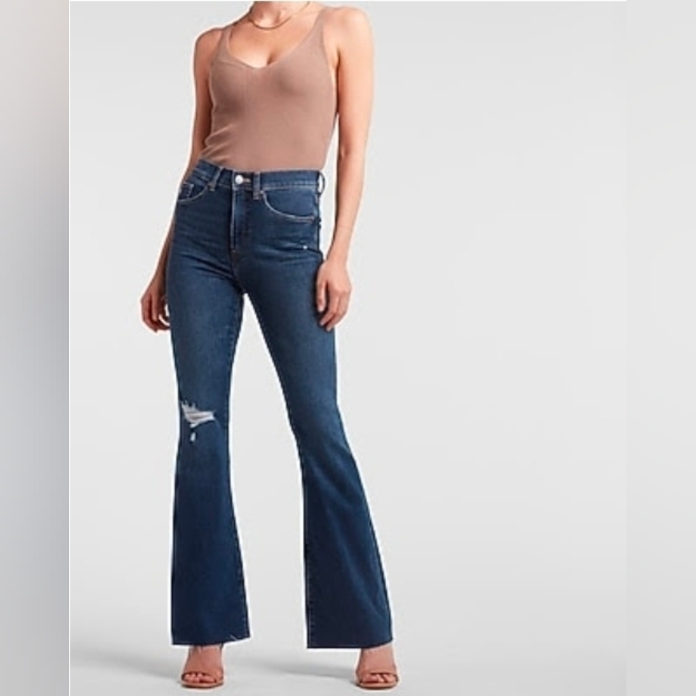 Express High Waisted Ripped Raw Hem Supersoft Flare Jeans